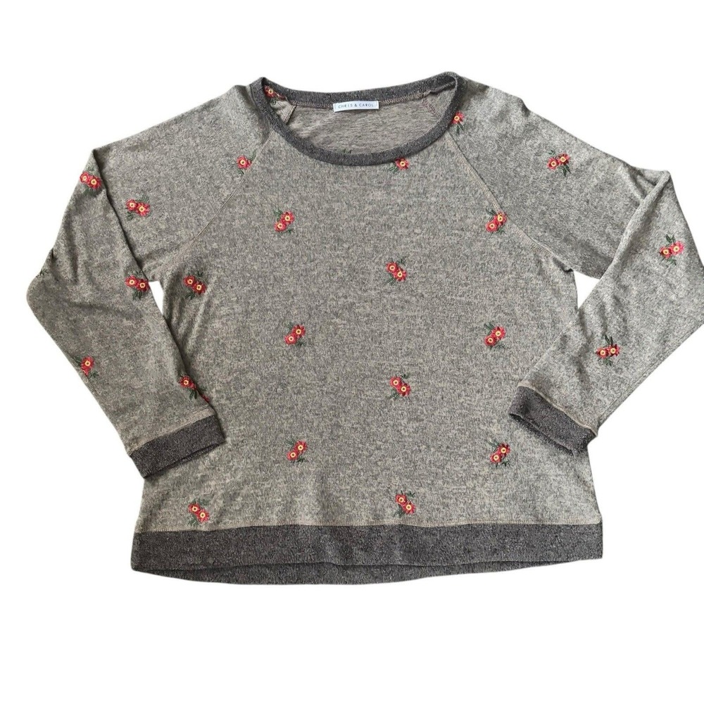 Chris & Carol Women's Gray Floral Embroidered Long Sleeve Shirt Sweater Size M/L